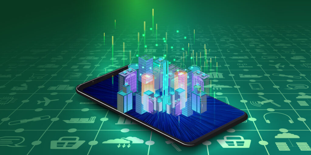 Digital City on Tablet with icons around